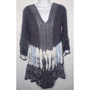 Shoreline Boho Hippie‎ Top Women S/M Gray Blue Embroidered Long Sleeve Crotchet